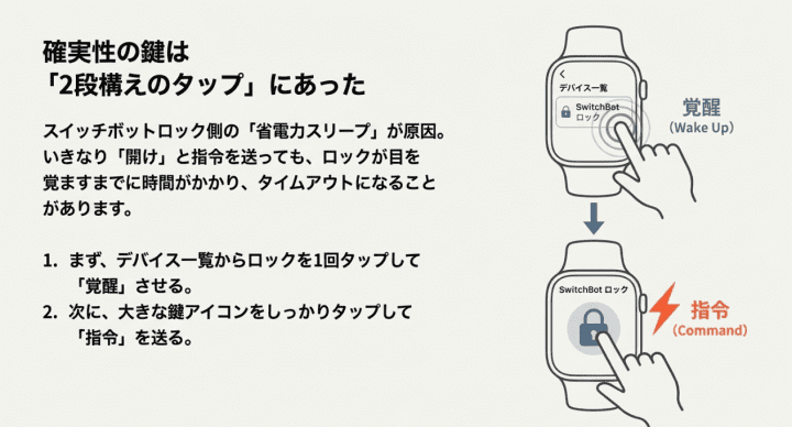 ロックを確実に解錠するための、デバイス選択と解錠アイコンタップの2段階操作の解説図