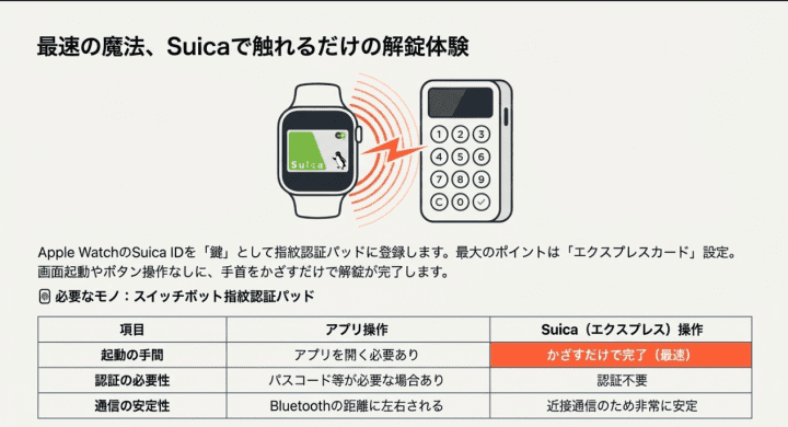 SwitchBotアプリからキーパッドにApple WatchのSuicaを登録する設定フローの図解