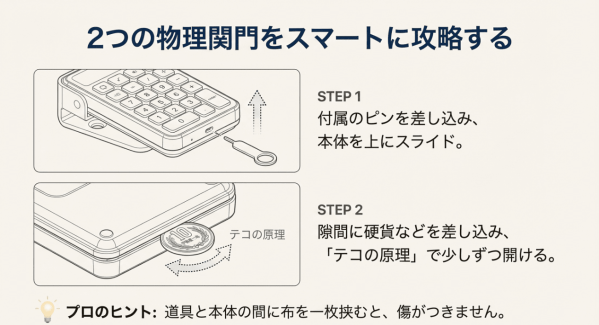 固くてあかないときはピンや10円玉