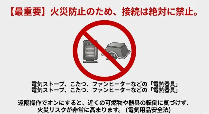 こたつやストーブなどの家電への利用はNG