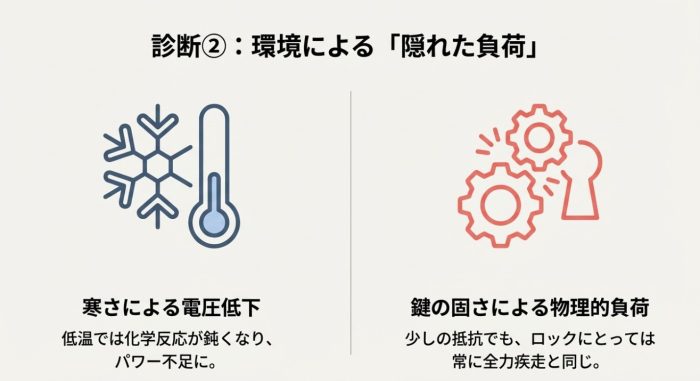 低い気温による電圧不足