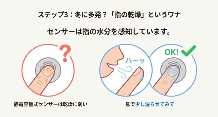 指の乾燥による指紋認識の失敗