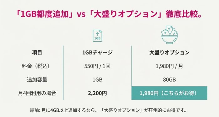 大盛りオプションと1GB追加の比較