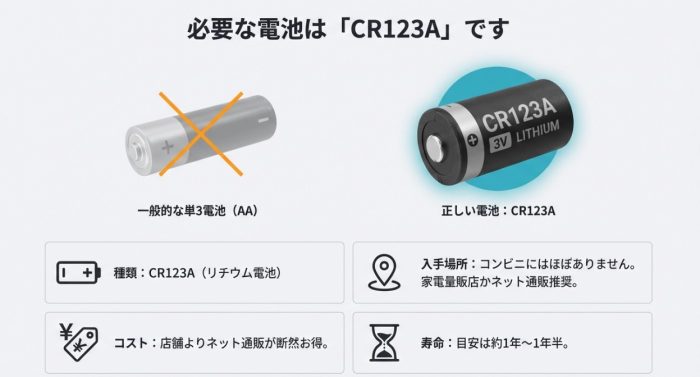 推奨電池はパナソニック製のCR123A。