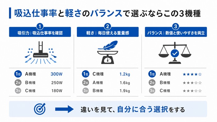吸込仕事率と軽さのバランスで選ぶならこの3機種