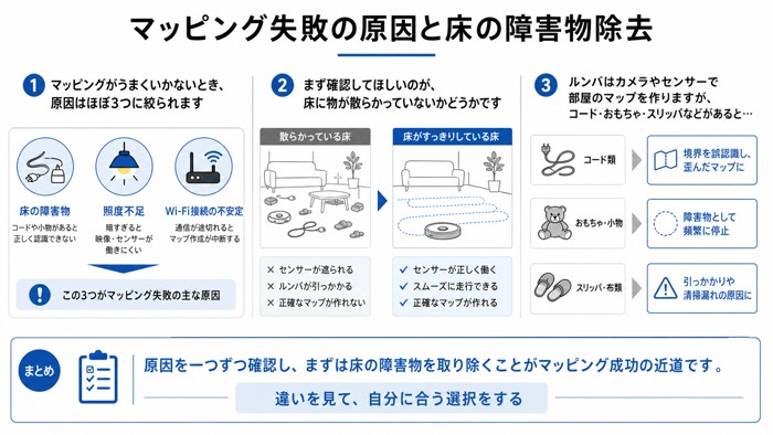 マッピング失敗の原因と床の障害物除去