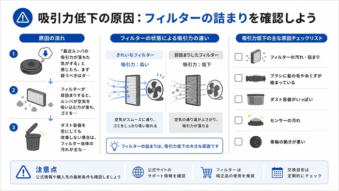 吸引力低下の原因：フィルターの詰まりを確認しよう