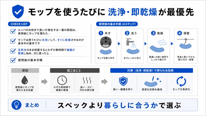 モップを使うたびに洗浄・即乾燥が最優先