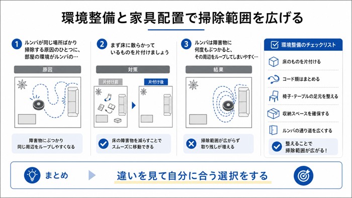 環境整備と家具配置で掃除範囲を広げる