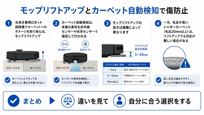 モップリフトアップとカーペット自動検知で傷防止