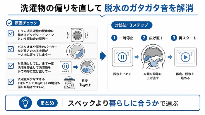 洗濯物の偏りを直して脱水のガタガタ音を解消