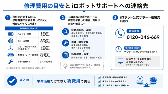 修理費用の目安とiロボットサポートへの連絡先