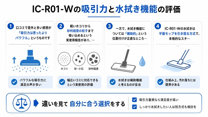 IC-R01-Wの吸引力と水拭き機能の評価