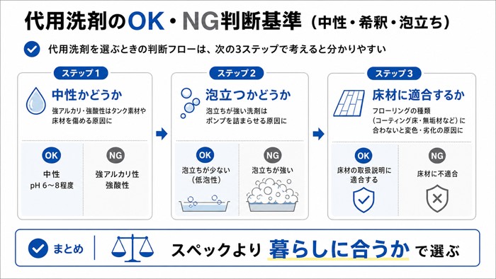 代用洗剤のOK・NG判断基準（中性・希釈・泡立ち）