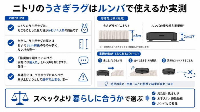 ニトリのうさぎラグはルンバで使えるか実測