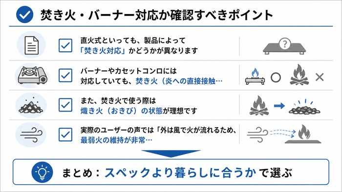 焚き火・バーナー対応か確認すべきポイント