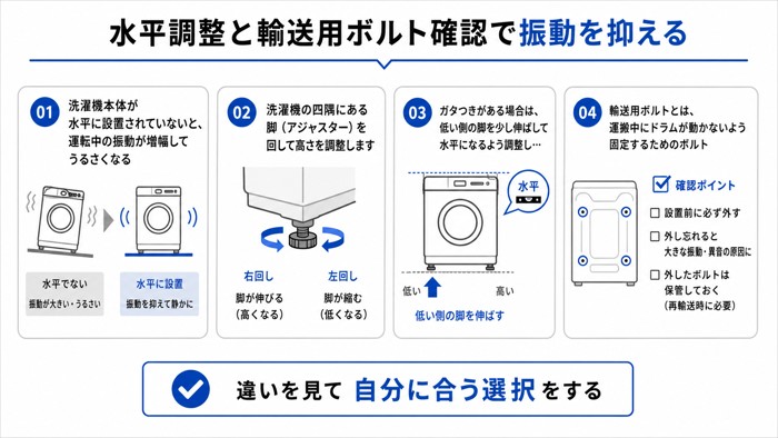 水平調整と輸送用ボルト確認で振動を抑える