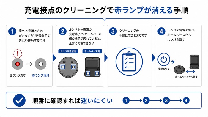 充電接点のクリーニングで赤ランプが消える手順