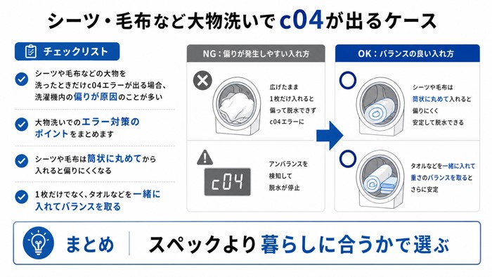 シーツ・毛布など大物洗いでc04が出るケース