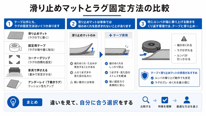滑り止めマットとラグ固定方法の比較