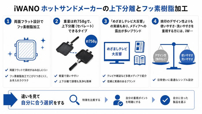 iWANO ホットサンドメーカーの上下分離とフッ素樹脂加工