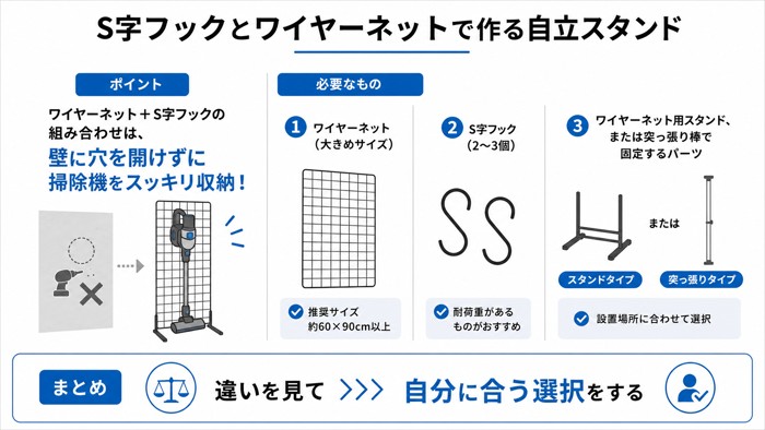 S字フックとワイヤーネットで作る自立スタンド
