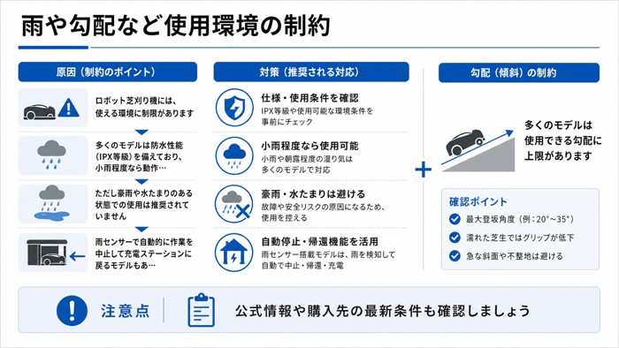 雨や勾配など使用環境の制約