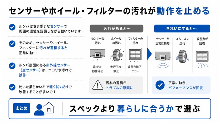 センサーやホイール・フィルターの汚れが動作を止める