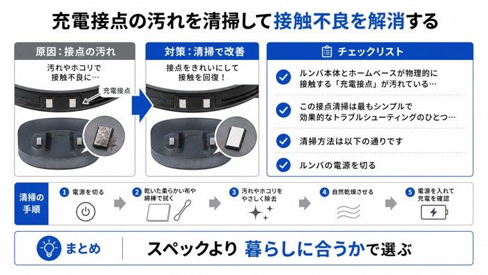 充電接点の汚れを清掃して接触不良を解消する