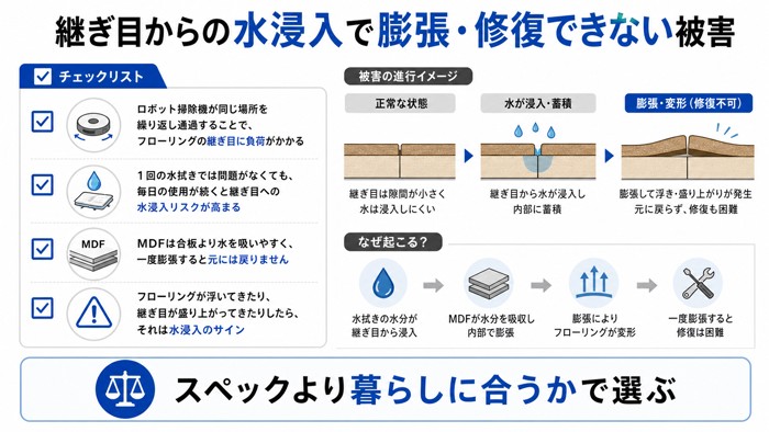 継ぎ目からの水浸入で膨張・修復できない被害