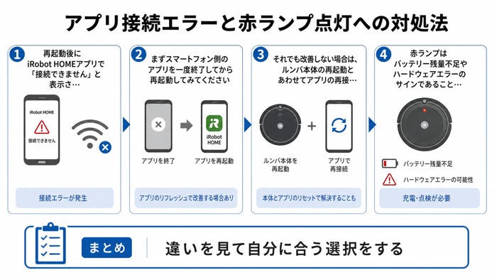 アプリ接続エラーと赤ランプ点灯への対処法